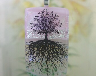 Cherry Blossom Tree of Life Glass Pendant- Handmade Fused Glass Jewelry from North Carolina