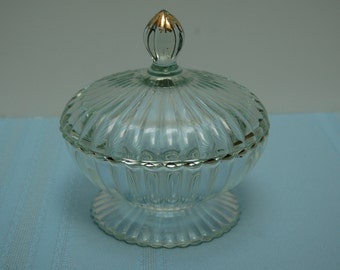 Vintage Candy Bowl, Covered Bowl, Candy Bowl with Lid, Ribbed Dish, Gold Accent, Jeannette Glass, Footed Candy Dish