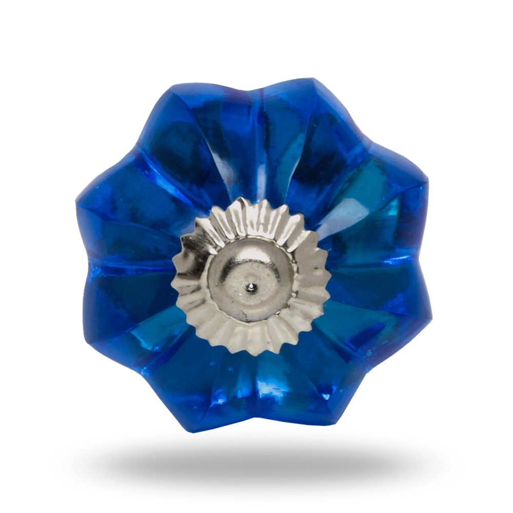 Faceted Glass Melon Knob in Turquoise Blue with Chrome