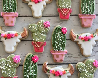 Rose gold rustic cacti and steer head cookies