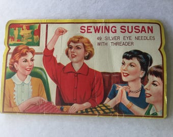 Original vintage Sewing Susan silver eye needles with threader needle book booklet case
