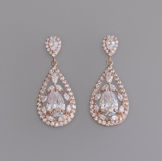 Rose Gold Earrings Bridal Earrings Vintage Style Crystal