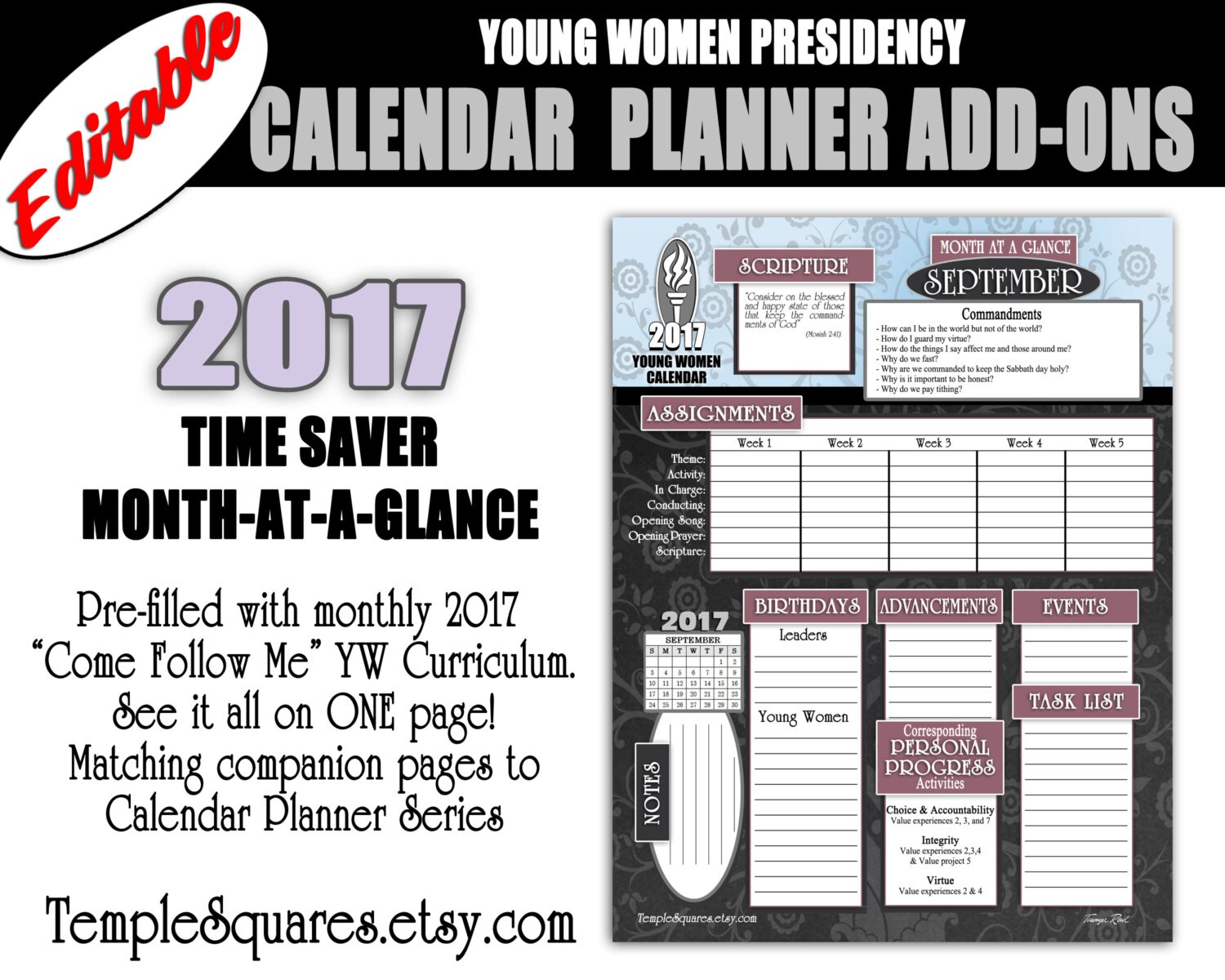 printable yw presidency planner 2017 calendar add ons month at a