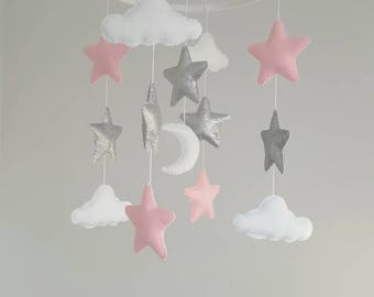 star mobile, cloud mobile, baby girl mobile, glitter mobile, nursery mobile, baby girl mobile, baby mobile, baby crib mobile