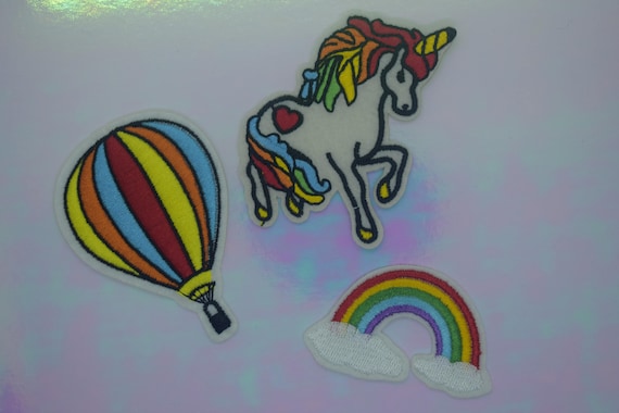 Unicorn, Hot Air Balloon & Rainbow Iron on Patch Set