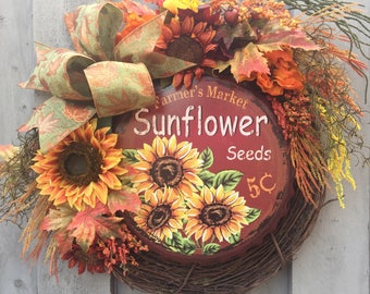 Fall Rustic sunflower front door wreath, fall sunflower wreaths, fall wreaths for front door, fall wreaths with signs, rustic fall wreath
