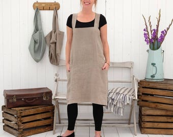 Linen Pinafore Apron - Cross Back Apron - Linen Apron - Japanese Apron - Linen Tunic - Linen Dress - Artists Apron - Kitchen Apron