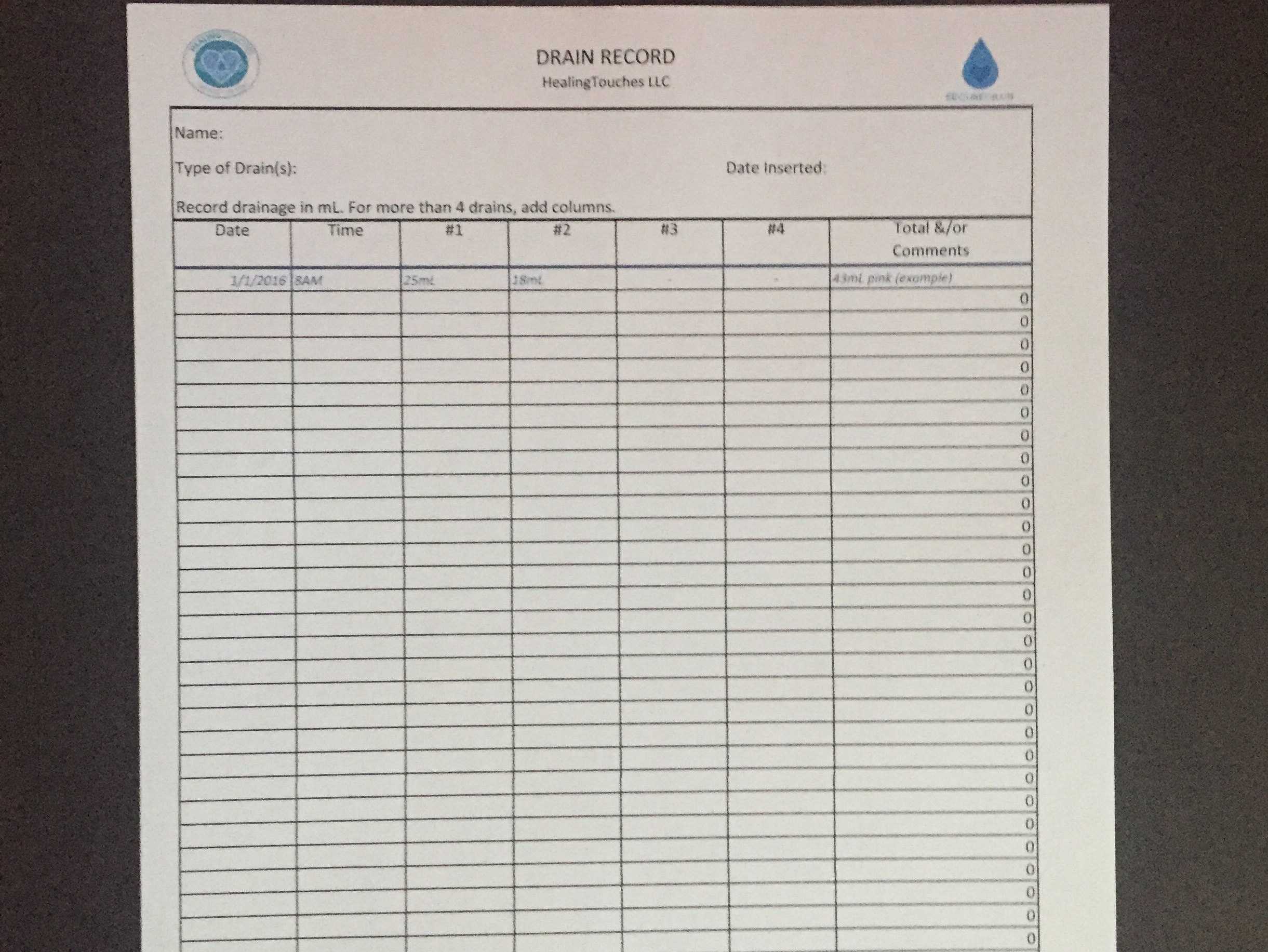 JP Drain Record Form Post Mastectomy Drain Care Record JP