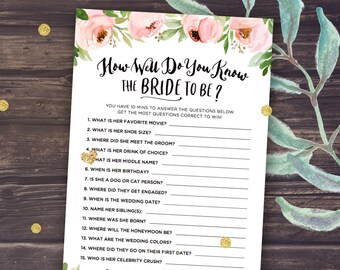 Floral Bridal Shower Games, How Well Do You Know the Bride to Be, Who Knows the Bride Best, Rustic Peonies, Blush and Mint, Download