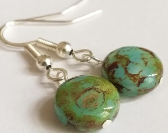 Czech Glass Picasso Earrings - Green Turquoise Bead Earrings - Boho Earrings - Silver Plated Earrings - Rustic Earrings - Unusual Earrings