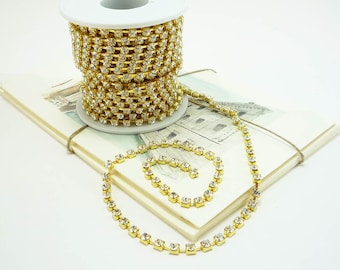 4mm Gold Rhinestone Chain in Clear Crystal for jewelry, accessories, and fashion trims 1 Yard Qty