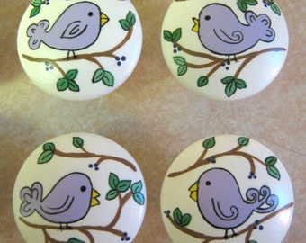 Set of 4 PURPLE BIRDIES Birds - Hand Painted Wooden Knobs Pulls