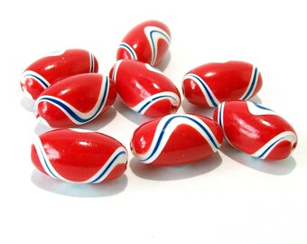 Red White and Blue Oval Beads Handmade from Polymer Clay