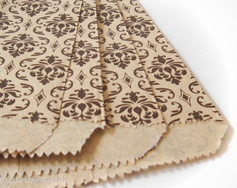 100 Kraft Paper Bags,5 x 7 inches with Black Damask Design, Flat Merchandise Bags