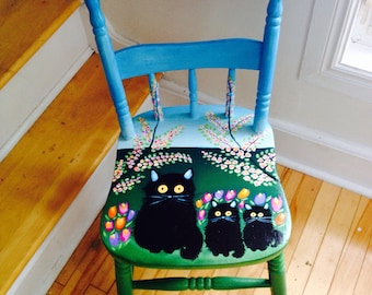 MAUD LEWIS hand-painted chair!! "Three Cats"!
