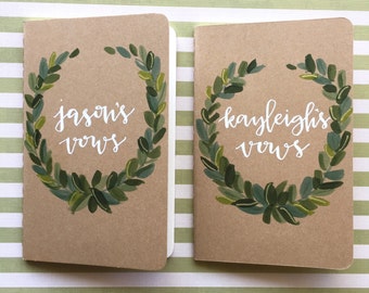wedding vow books olive leaf wreath / his & hers / unique gift / anniversary / wedding keepsake / custom set of 2 kraft moleskine journals.