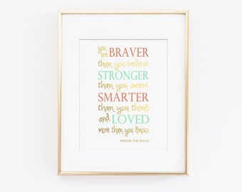 You Are Braver Than You Believe Nursery Art Print, Winnie the Pooh Quote, Mint Nursery, Coral Nursery, Faux Gold Foil, Kids Wall Art