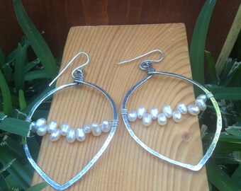 Teardrop Oxidized Sterling Silver Hoops with Dancing Pearls