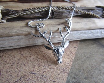 Stag head necklace, deer necklace, sterling silver necklace, antler necklace, reindeer necklace