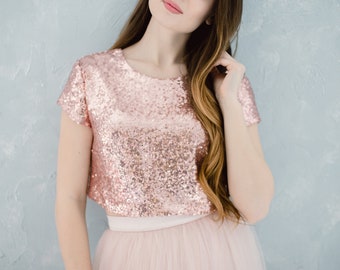 Rose Gold Sequin top, Prom Rose Gold party crop top, Rose Gold engagement sequined top, Bridesmaids Rose Gold blouse plus size