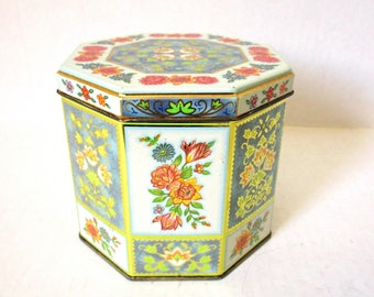 Daher Tin Box, Daher Floral Tin Box Container, Made in England, Octagonal Cookie Biscuit Tea Tin, Stylized Flowers Gold Accents, Octagon Tin