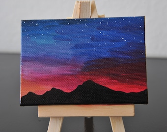 2.5"x3.5" Painting on Stretched Canvas - Sunset Night Sky with Stars and Mountain Range Silhouette