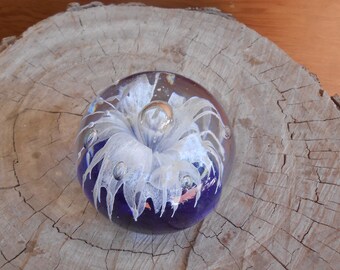 Vintage Glass Bubble Round Paperweight Art Object Flower Blue White Blown Art Glass Desk Office Accessory Collectible