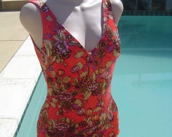 Vintage 70's Gottex Bright Orange Velour Type Swimsuit Bathing Suit size 8 B30-38