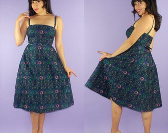 TIKI... vintage 1950's Pat Premo California woven ethnic tribal tiki mask pattern lounge dress