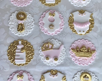 Princess Fondant Cupcake Toppers. Edible Baby Shower Toppers. Pink and Gold Baby Shower Cupcake Toppers. Princess Crown Dress Cupcake Topper