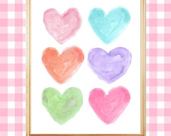 Bright Pastel Print, 8x10 Watercolor Heart Print, Pastel Baby Nursery, Girls Wall Decor, Pastel Decor, Bright Pastel Wall Decor, Rainbow