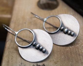 Dangle earrings, Sterling silver earrings, Silversmith earrings, Handmade , Boho earrings, Circle earrings, Contemporary earring, Artisan