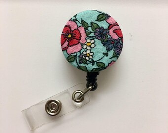 SALE !!!!! Flower Cotton Fabric Pattern Retractable ID Badge Reel Alligator Swivel Clip ID Badge Holder - Nurse Gifts Badge Clips - floral