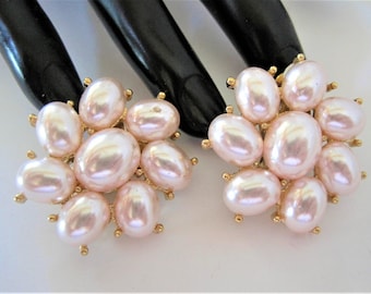 Pearl Signed Earrings, Vintage Richelieu, Faux Pearls, Designer Clip On - Pearl Gold Tone Setting