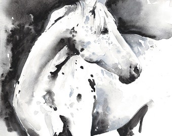 Horse Painting Print, Horse Art, Watercolor Horse Painting, Horse Watercolor, Horse Illustration, Black and white horse, Horse Wall Art