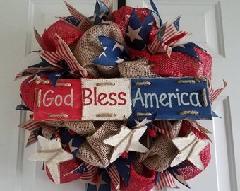 God Bless America Burlap Mesh Wreath
