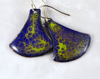 Green and Blue Vitreous Enamel Enameled Bell Fan Shaped Dangle Drop Earrings