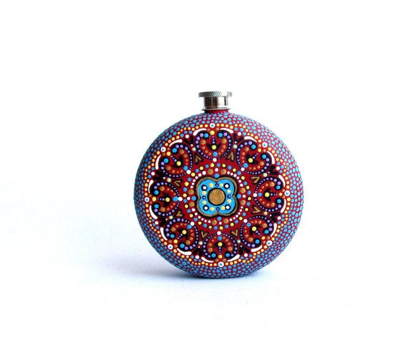 Round Flask: Hand Painted 10 fl oz Stainless Steel flask Wedding gift Groomsman Groom Red blue hand painted flask