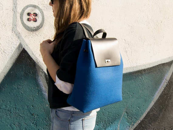 Felt and leather women's BACKPACK / blue backpack / felt backpack / satchel backpack / wool felt / womens backpack