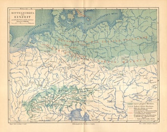 1890 Original Antique Map of Central Europe During the Ice Age