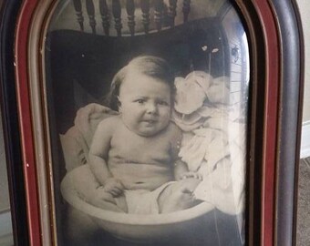 Vintage Antique Large baby photo Frame Convex Bubble Glass
