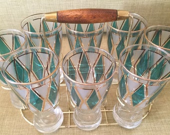 Libbey Emerald - Blue & Gold Diamond Vintage Glasses (Set of 8) with carrier, Bar Set