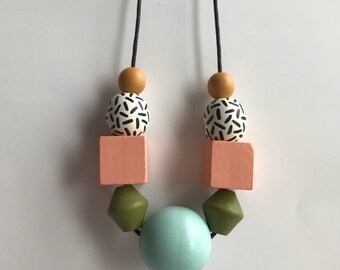 wooden bead necklace - pink, yellow, aqua, green (geometric, faceted, retro, 80s)