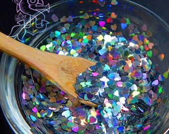 Rainbow silver heart shape holographic glitter, nail art, nail gel, nail acrylic, UV resin, resin supplies.