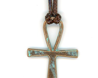 Urban Moon Turquoise Patina Copper Ankh Men's Pendant Necklace Brown Cord 17-19 Inches