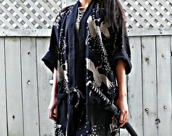 New Sakura Crane Kimono Noragi Hanten Happi - Black