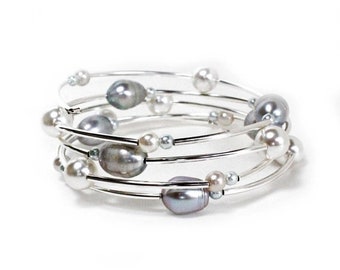 Clearance sale Silver light blue and white pearl beaded silver spiral bracelet