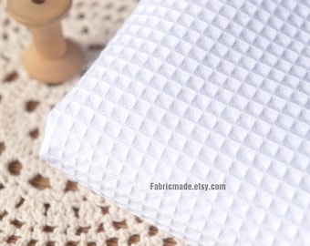 True White WAFFLE Cotton Fabric, Waffle Weave Fabric, Waffle Check Fabric White Cotton- 1/2 yard