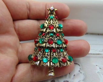 Book Piece, Hollycraft Christmas Tree Pin Brooch, Ruby and Emerald Rhinestones Estate jewelry