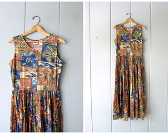 90s Floral Dress | Thin Cotton Gauze Sun Dress | Summer Button Up Flower Print 1990s Frock Boho Preppy Womens Small Medium